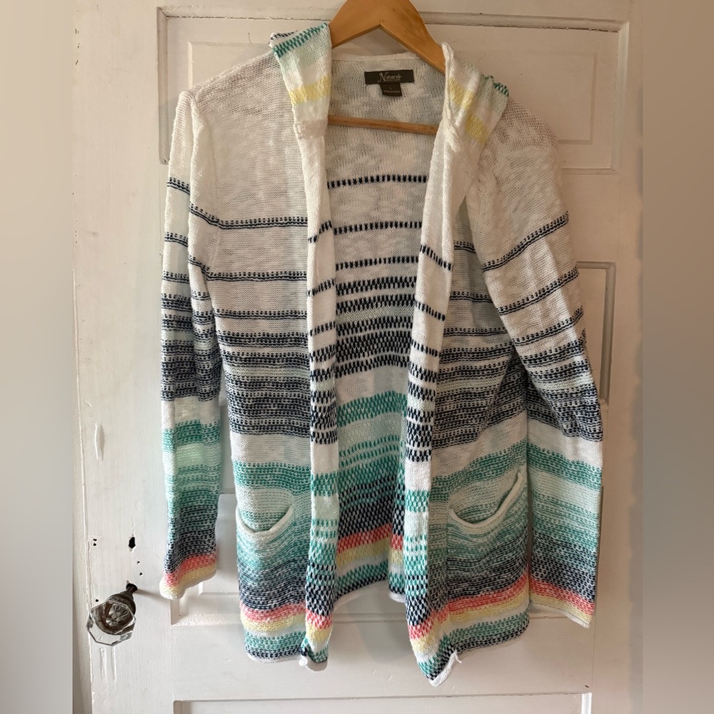 Natural Reflections Open Front Hooded Multicolor Striped Cardigan